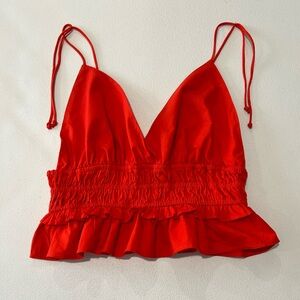 SIM & SAM  Ruffled Crop Top orange  straps, open back  L